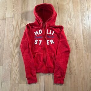 Y2K Hollister Dana Point Slightly Cropped Embroidered Red Zip Up Hoodie Womens M